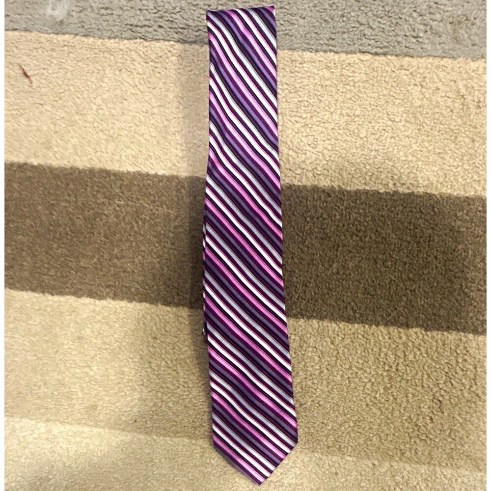 Pierre Cardin 100% Silk Men's Tie Purple Pink Gray White Striped Woven